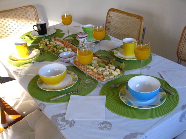 夫の両親の家での朝食風景。食器は全てVilleroy & Bochです。上質なポップという感じで、朝から元気になります。