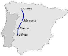 銀の道。さらに長く示されているものもありますが、正式にはメリダまでで、セビリアまでは届きません。http://es.wikipedia.org/wiki/V%C3%ADa_de_la_Plataより。