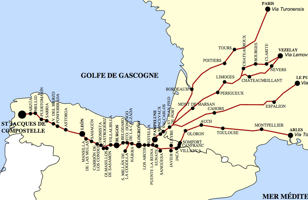 Camino de Santiagoのうちのいくつかのルート。www.gazingskyward.comより。