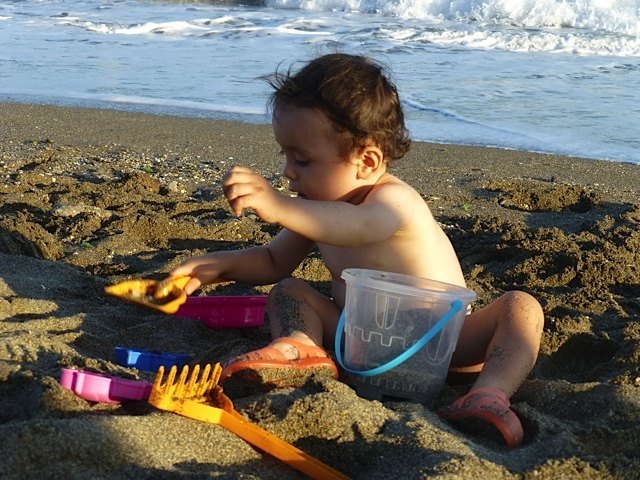 初日は海で大泣きしていた息子も、ようやく砂で遊べるようになりました。